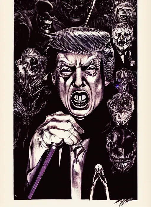 Image similar to donald trump as the villain, slasher film, grotesque, horror, high details, intricate details, by vincent di fate, artgerm julie bell beeple, 80s, inking, vintage 80s print, screen print