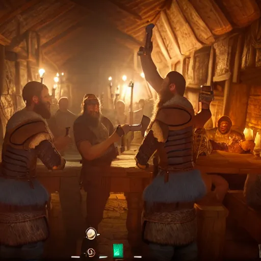 Image similar to Two viking brothers taking a selfie in a crowded tavern, dof, Unreal Engine 5, intricately detailed, 8k