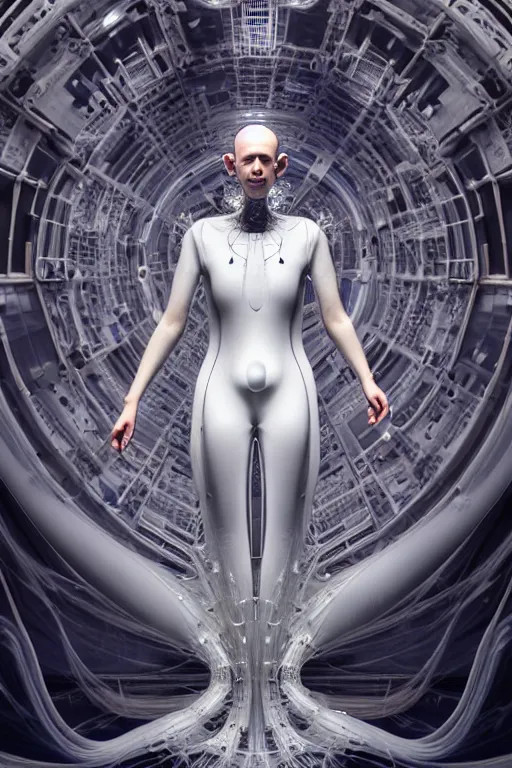 Image similar to background space station, baroque inflateble dress iris van herpen positing on floor, perfect symmetrical, full body shot, white helmet on face, inflateble shapes, wires, tubes, veins, jellyfish, white biomechanical details, wearing epic bionic implants, masterpiece, intricate, biopunk, vogue, highly detailed, artstation, concept art