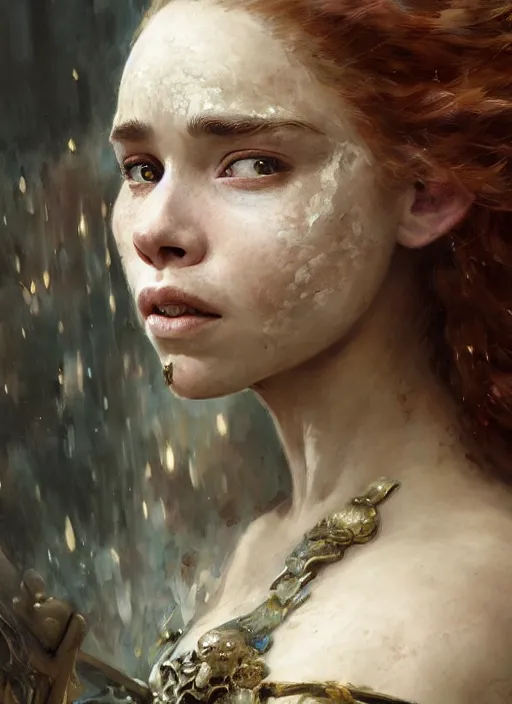 Image similar to short muscular redheaded woman wearing realistic medieval armour, young emilia clarke face paint orchids detailed by gaston bussiere, bayard wu, greg rutkowski, giger, maxim verehin, greg rutkowski, masterpiece, sharp focus, cinematic lightning