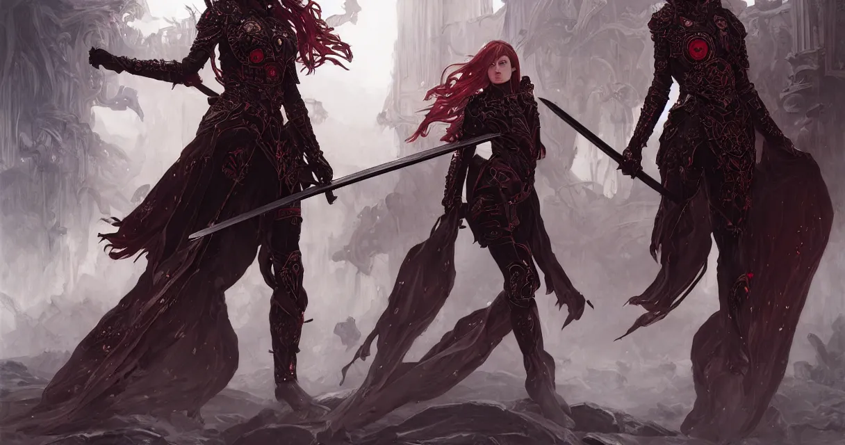 Image similar to evilly knights of zodiac girl, black and reddish color reflected armor, sword and katana dance in ruined agora of athens fallen night, ssci - fi and fantasy, intricate and very very beautiful and elegant, highly detailed, digital painting, artstation, concept art, smooth and sharp focus, illustration, art by tian zi and wlop and alphonse mucha