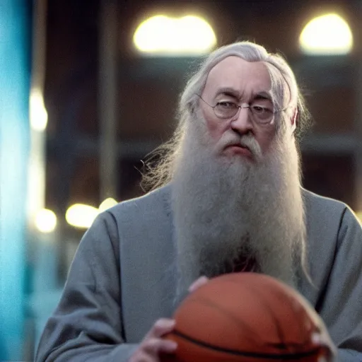 Image similar to dumbledore playing basketball, film still, cinematic lighting