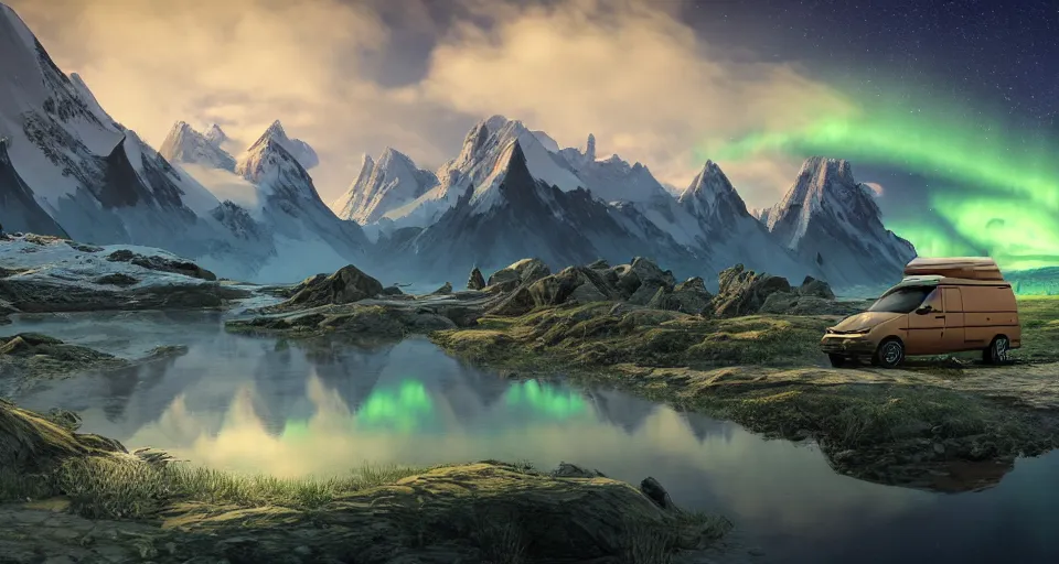Prompt: An epic fantasy style landscape painting of a Mountainrange and a lake, with a starry sky and milkyway and breathtaking aurora and a beige Volkswagen Caddy Campervan 4x4, a glacier can be seen in the distance, unreal 5, DAZ, hyperrealistic, octane render, volumetric clouds dynamic lighting