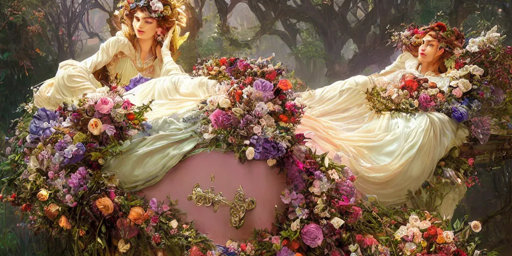 Image similar to an elaborate coffin with a mysterious sleeping beauty holding a large bouquet of flowing flowers,, fantasy, regal, intricate, by stanley artgerm lau, greg rutkowski, thomas kindkade, alphonse mucha, loish, norman rockwell