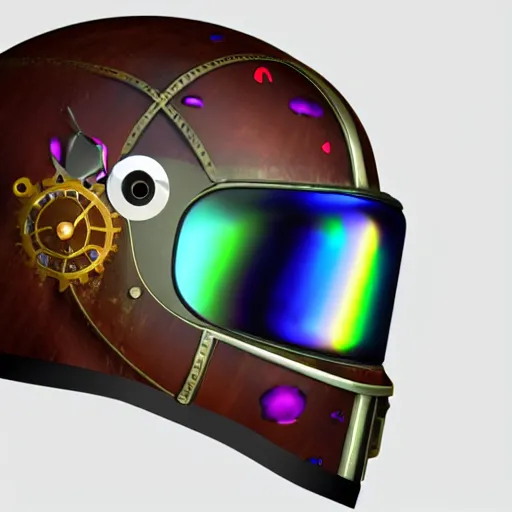 Image similar to steampunk rainbow full face helmet with slide up visor, concept art, render