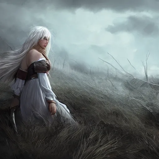 Prompt: her death wasn't gracious or beautiful, but desolate and terryfing, landscape, battlefield after battle, wounded white clothed girl in the middle, white hair flowing on wind, dead bodies laying on the ground, highly detailed, artstation, by bradley noah