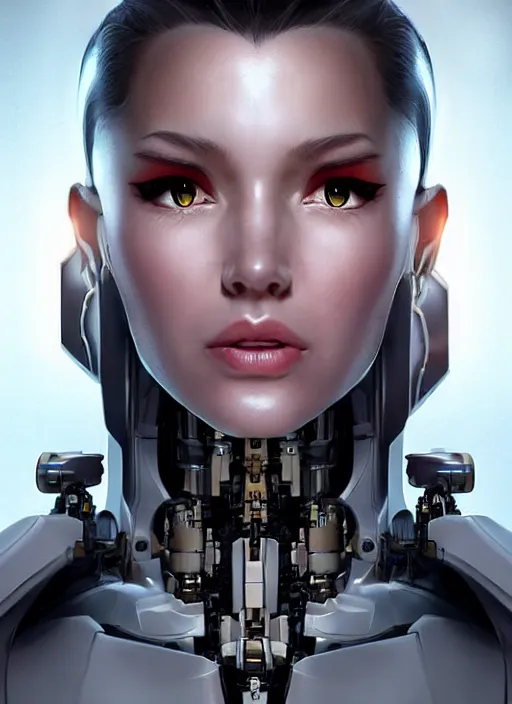 Prompt: portrait of a cyborg woman who turns her head to the (((((right))))) (((((left))))) (((((up))))) down!! by Artgerm,eyes closed , biomechanical, hyper detailled, trending on artstation