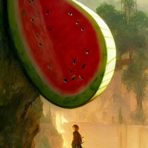 Image similar to a watermelon as aragorn by alan lee, leather armor, golden hour, concept art, detailed clothing, art station, oil painting, art by artgerm and greg rutkowski and alphonse mucha