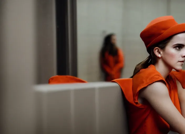 Image similar to photo of emma watson sitting in a jail cell wearing an orange jumpsuit and a red hat, defocused bars in the foreground, 8 k, 8 5 mm f 1. 8