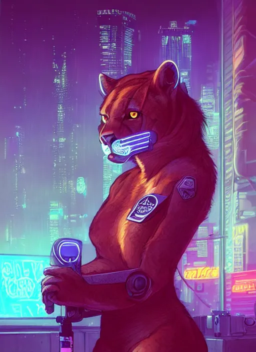 Image similar to beautiful portrait commission of a female furry anthro cougar fursona wearing a police uniform. Cyberpunk city at night in the rain. Neon light. Atmospheric. Character design by charlie bowater, ross tran, artgerm, and makoto shinkai, detailed, inked, western comic book art