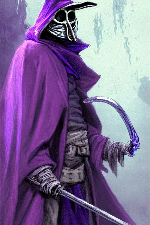 Prompt: a plague doctor with a blue wizard robes as a d & d character, blue robe, magical, purple highlights, starwars, purple evil aura, concept sheet, painting by gaston bussiere, demon slayer, akiri toriyama, dramatic lighting, purple lighting, anime