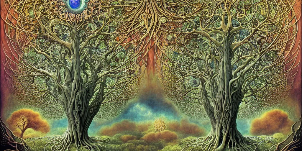 Image similar to tree of life by roger dean and andrew ferez, art forms of nature by ernst haeckel, divine chaos engine, symbolist, visionary, art nouveau, botanical fractal structures, organic, detailed, realistic, surreality