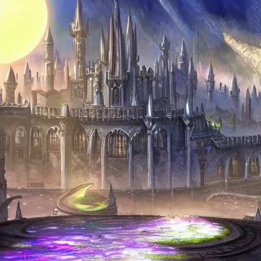 Prompt: dalaran city, cascading concept art, berserk manga art style, film noir