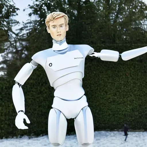 Image similar to a realistic detailed photo of a guy who is an attractive humanoid who is half robot and half humanoid, who is a male android, soccer player martin ødegaard, shiny skin, posing like a statue, blank stare, by the pool, on display, showing off his muscles, humanoid robot, frozen ice statue