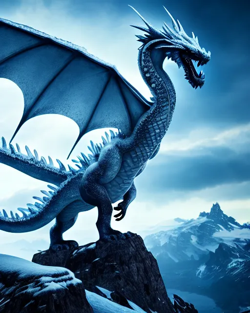 giant ice dragon standing on a snowcapped mountain, | Stable Diffusion ...