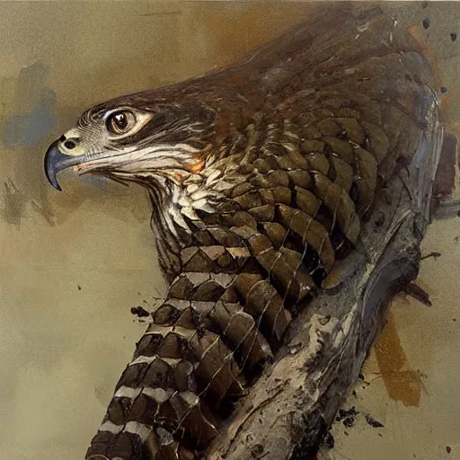 Image similar to hawk morphed with rattlesnake, half hawk half rattlesnake, highly detailed jeremy mann painting