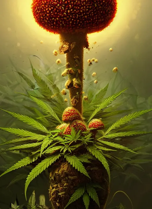 Prompt: a cannabis, coconut and amanita muscaria hybrid plant growing in soil, rim light, midsommar style, extremely detailed, masterpiece, artstation, cinematic lighting, photographic, by greg rutkowski and wolp