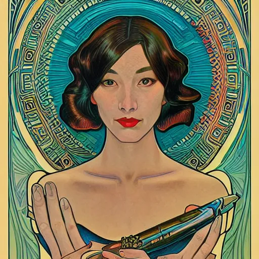 Image similar to a streamline moderne painting in the style of donato giancola, and in the style of audrey kawasaki, and in the style of alphonse mucha. symmetry, smooth, sharp focus, semi - realism, intricate detail.