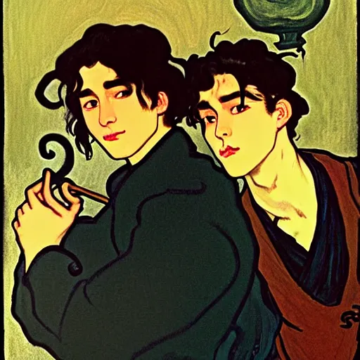 Image similar to painting of young cute handsome beautiful dark medium wavy hair man in his 2 0 s named shadow taehyung and cute handsome beautiful min - jun together at the halloween party, bubbling cauldron, candles, smoke, tarot, autumn colors, elegant, stylized, soft facial features, delicate facial features, art by alphonse mucha, vincent van gogh, egon schiele