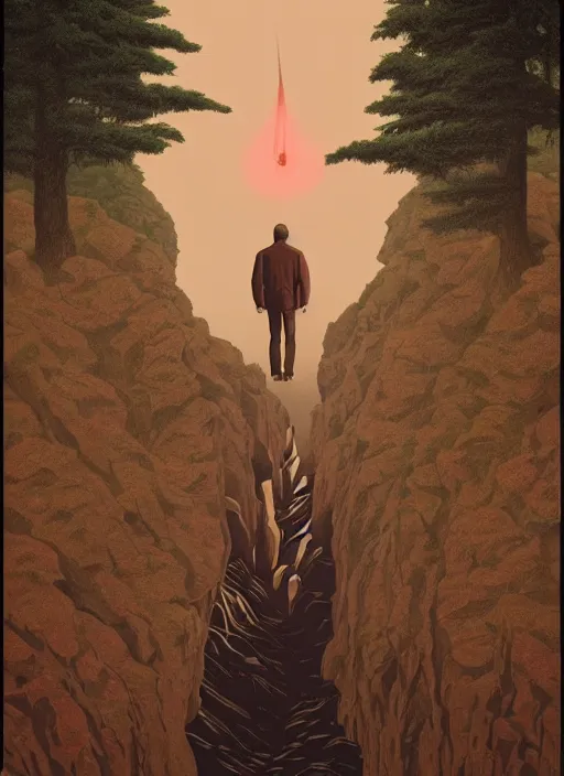 Image similar to Twin Peaks movie poster artwork by Michael Whelan and Tomer Hanuka, Rendering of The ego separates, from a scene from Twin Peaks, clean, full of detail, Matte painting, trending on artstation and unreal engine