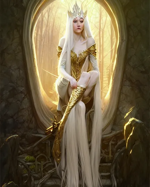 Image similar to tall elven queen sitting on the throne, full body, long white hair, pale skin, golden eyes | | realistic shaded, fine details, fine - face, realistic shaded lighting poster by greg rutkowski, magali villeneuve, artgerm, jeremy lipkin, michael garmash, rob rey