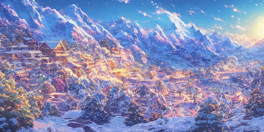 Image similar to the aesthetic view of the beautiful, grand, wistful, dreamy snowcapped mountain at dusk, hyperrealistic anime illustration by iralki nadar, colorful, extremely detailed, intricate linework, super sharp focus, bright colors, octopath traveler, studio ghibli, unreal engine 5 highly rendered, global illumination, radiant light, detailed and intricate environment