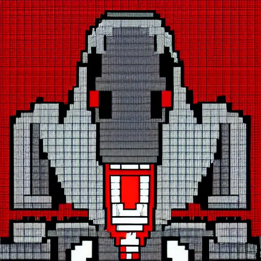 Image similar to Pixel art of a robotic character with glowing red eyes, a hood covering it's face, and a dark flowing robe