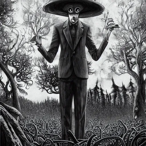 Image similar to a centered chest up portrait of a psychedelic demonic anthropomorphic forest animal in a suit smoking a hand - rolled cigarette smoking heavily, magic mushroom village in background. award winning. superb resolution. in the art style of junji ito and greg rutkowski. detailed mushroom city in background. hyper realistic anime. perfect art. dalle 2