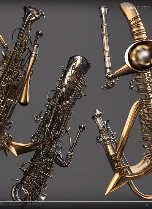 Image similar to strange surrealist detailed musical-instruments!! in alien worlds, photorealistic, 3d render, award winning render, unreal engine, octane render, studio lighting, 8k, hd