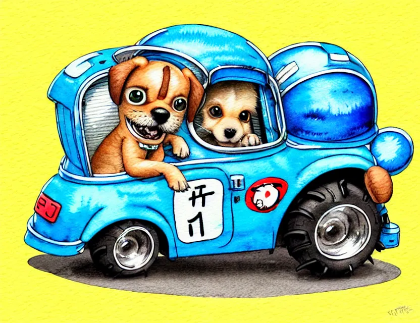 Image similar to cute and funny, puppy wearing a helmet riding in a tiny hot rod with an oversized engine, ratfink style by ed roth, centered award winning watercolor pen illustration, isometric illustration by chihiro iwasaki, edited by range murata, tiny details by artgerm and watercolor girl, symmetrically isometrically centered, sharply focused