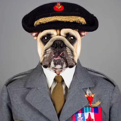Image similar to portrait of a bulldog wearing royal air force 1942 fighter pilot uniform and head gear
