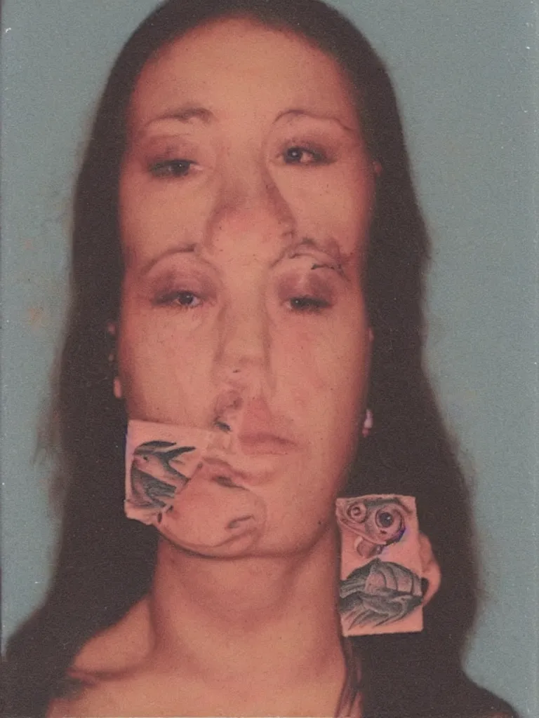 Prompt: a police mugshot of an ugly woman with the tattoo of a fish on her forehead, underlit, colour polaroid photo