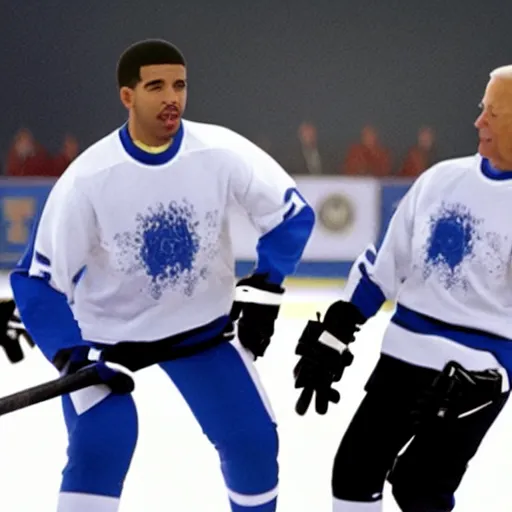 Prompt: drake and joe biden playing hockey, movie still, cinematic lighting