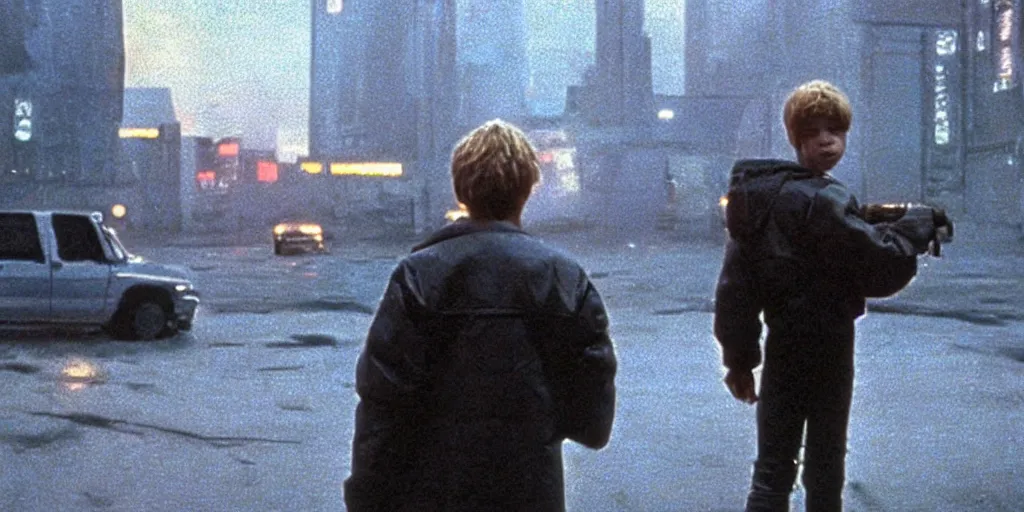 Image similar to at night, a white teenage girl with a pixie haircut in an oversized man's jacket clutches onto the back door of a giant truck as it drives towards the factory district : a still from a sci - fi dystopian cyberpunk film by steven spielberg from 1 9 8 0 s, shot on 3 5 mm film by janusz kaminski