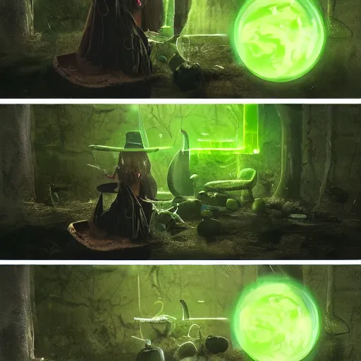 Prompt: a scary witch making green glowing soup from a cauldron, Matte painting , detailed painting, made by Greg Rutkowski, 4k, atmospheric