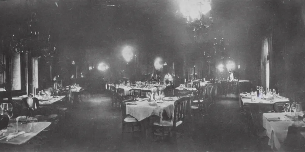 Image similar to the interior of a luxury restaurant that is burning while odd monsters appear in the background, 1 9 0 0 s photograph