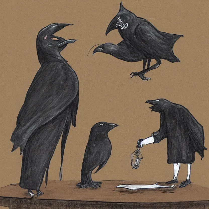 Prompt: a crow wearing judges robes sentences a cat to death for the crime of genocide, courtroom drawing