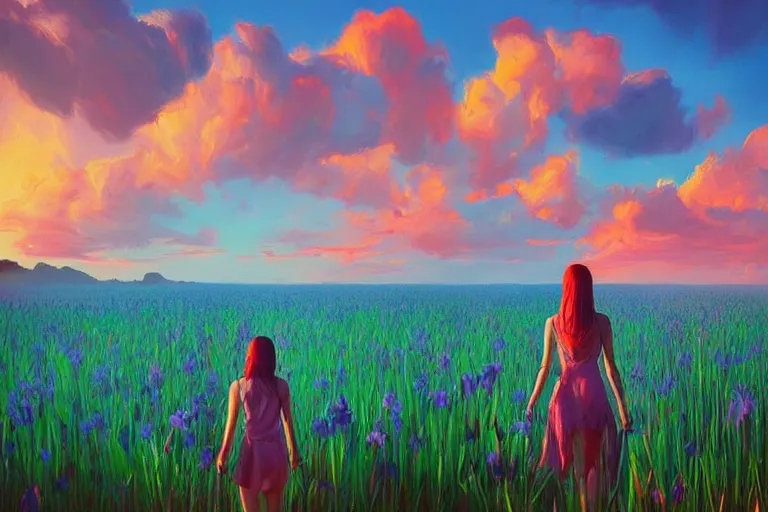 Image similar to giant gladiola head, girl walking in field of flowers, surreal photography, sunrise, blue sky, dramatic light, impressionist painting, digital painting, artstation, simon stalenhag