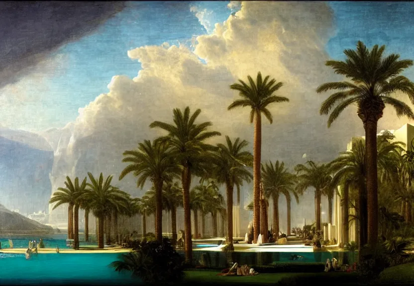 Image similar to Palace floating in the sky, 1km tall, thunderstorm, greek pool, beach and palm trees on the background major arcana sky, by paul delaroche, hyperrealistic 4k uhd, award-winning very detailed