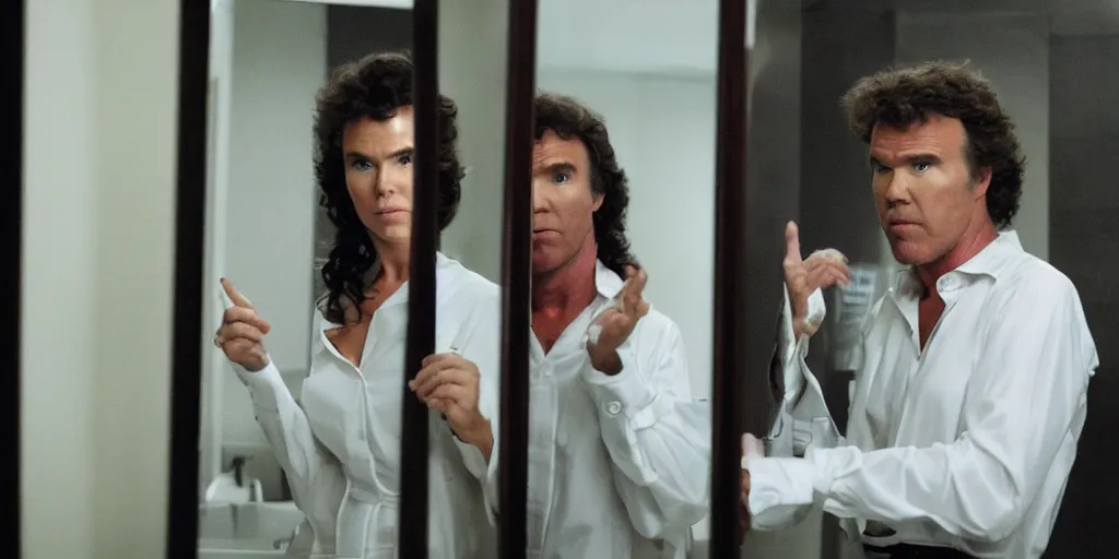 Image similar to ultra wide angle photo of will ferrel dressed in a white blouse and black dress pants looking at himself in a bathroom mirror and seeing his reflection as wonder woman