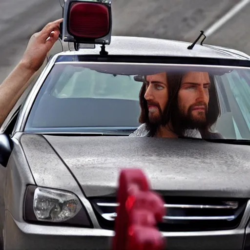 Image similar to jesus driving a car