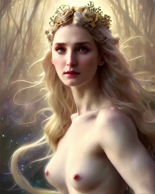 Image similar to realistic portrait of a beautiful white witch, bright, beautiful, heroic pose, beautiful face, magic, full body, dramatic lighting, intricate, wild, highly detailed, digital painting, artstation, concept art, smooth, sharp focus, illustration, art by artgerm and greg rutkowski and alphonse mucha, footage from space camera