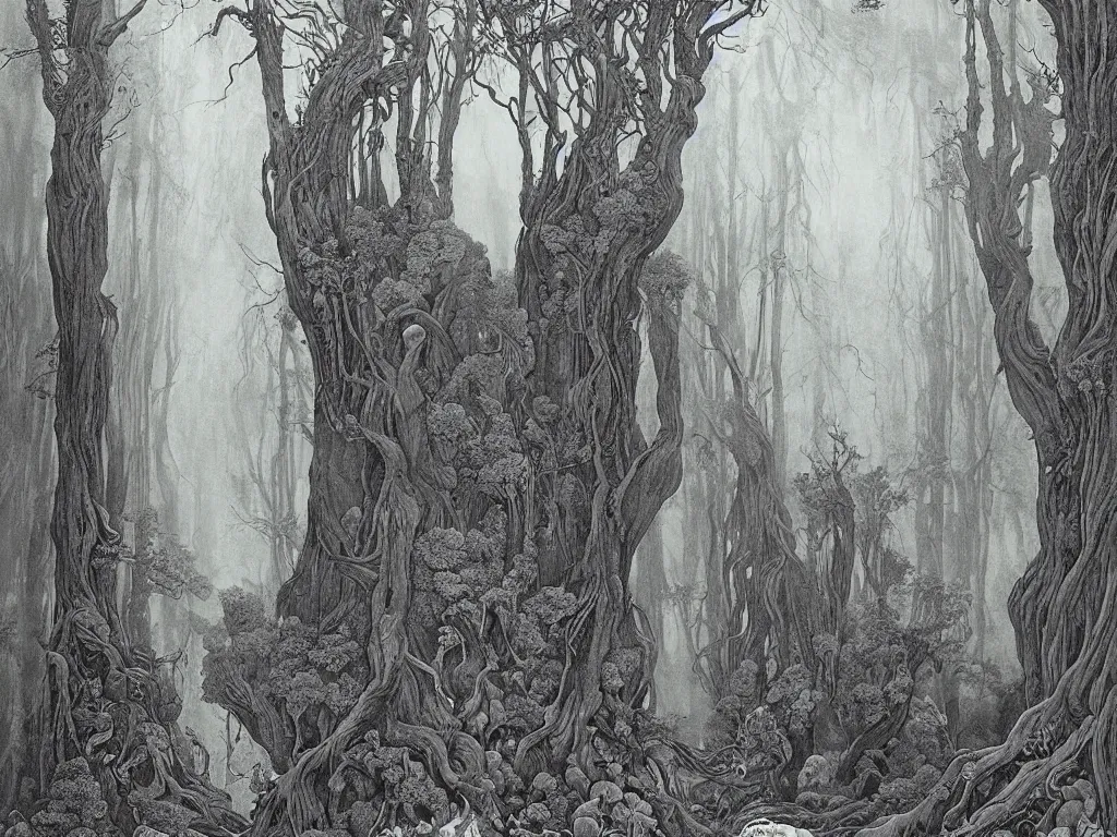 Image similar to ancient forest, artstation, by aubrey beardsley, by caspar david friedrich, by laurie lipton, by kay nielsen, by ivan shishkin, calligraphy, divine, spiritual, paradox, mysterious!, atmospheric, surreal, terrifying, witchcraft!, hope, mountains! background