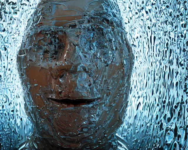 Image similar to a giant abstract sculpture of a human head wrapped in cling film, in the style of chad knight, award winning, cinematic, hyper - realistic, very detailed, realistic water splashes, ray tracing, 8 k resolution, long - shot, sharp focus, low angle, 8 5 mm photograph, wide lens