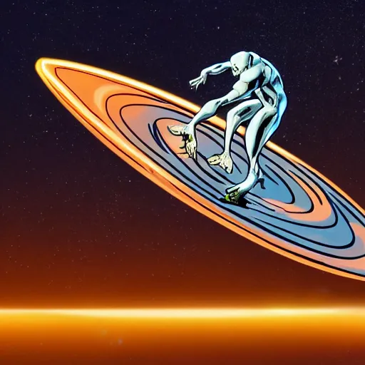 Image similar to silver surfer surfing on top of a car in space, heavy motion blur, steve ditko, 4k