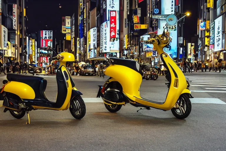 Image similar to a scooter made of gold in the streets of Tokio at night