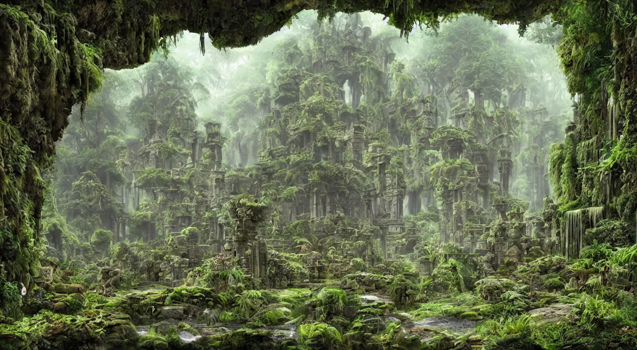 Prompt: massive ancient stone temple ruins at the end of a narrow overgrown pathway next to a river in an mystic cosmic rainforest, by roger dean, by robert hubert, by laurie lipton, detailed, realistic shadows, rendered in lumion, matte painting