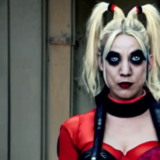 Image similar to A still of Kaley Cuoco as Harley Quinn