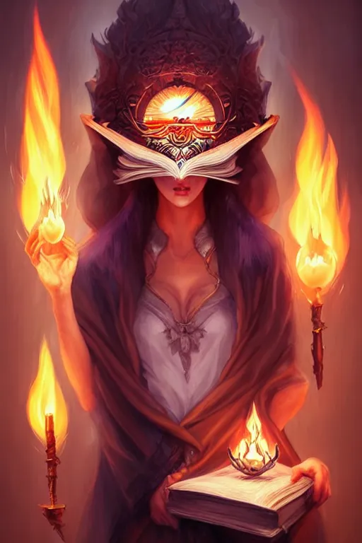 Image similar to gorgeous!!! hyper - realstic sorceress with a kitsune mask, holding a tattered magical book, casting a flame spell | drawn by wlop, drawn by jeehyung lee, drawn by artgerm | fantasy, dark, intricate, highly detailed, digital painting, character design, concept art, illustration, artstation