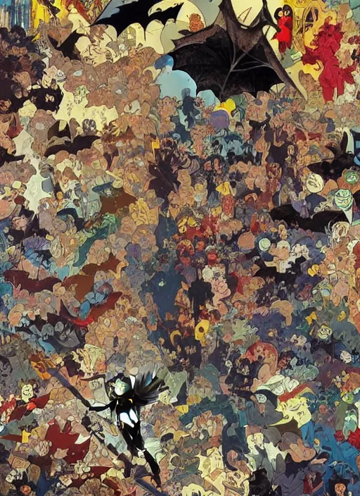 Image similar to !!!!! very coherent!!!!! oil painting, batman poster detailed patterns, bats pop art, bats splash painting, bats, art by geof darrow, ashley wood, alphonse mucha, makoto shinkai, dark shadow